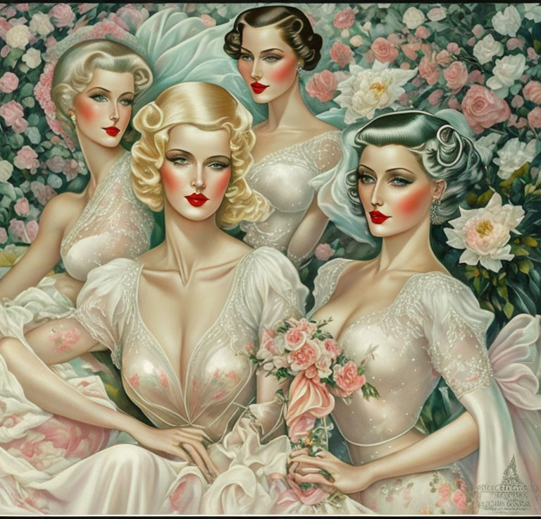 Four stylized women in vintage hairstyles and elegant white dresses with floral adornments against a floral backdrop.