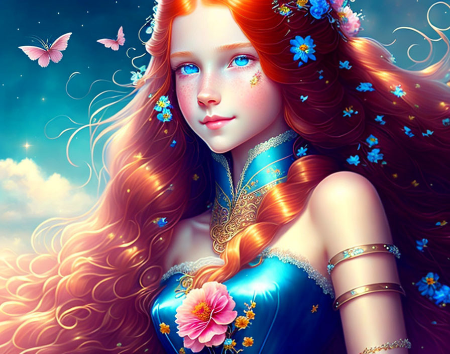 Digital artwork: Girl with red hair, blue eyes, flowers, butterflies, blue dress