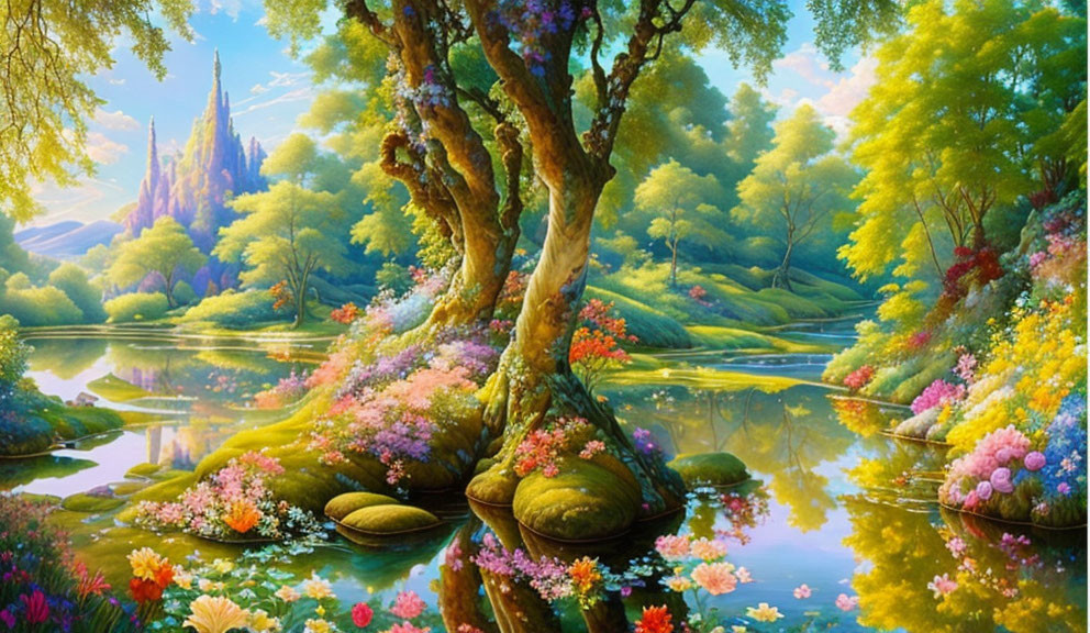 Fantastical landscape with lush greenery, colorful flowers, serene water, and distant castle.