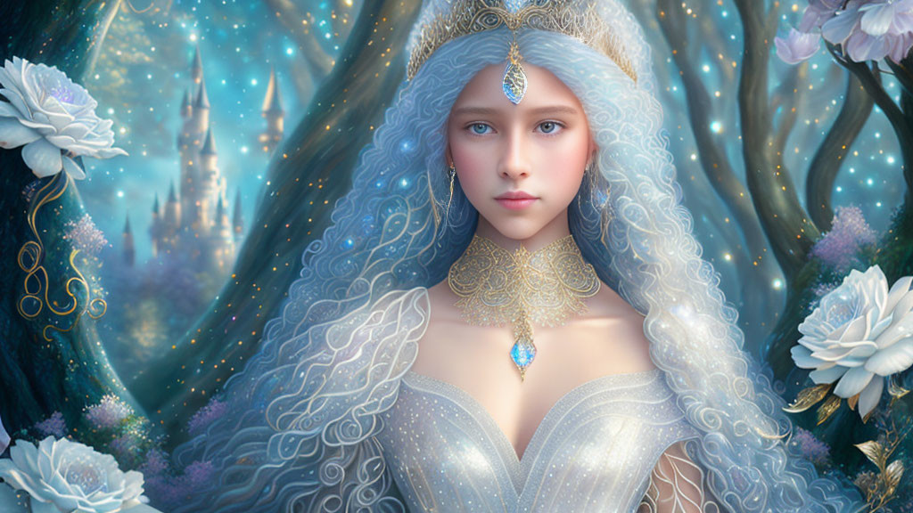 Regal woman with pale skin and blue-white hair in jeweled gown against fantasy castle backdrop