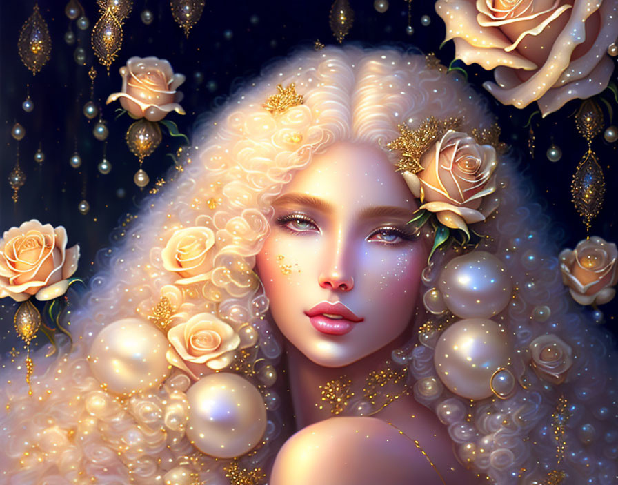 Fantasy woman with curly blonde hair and floral adornments on a night sky background