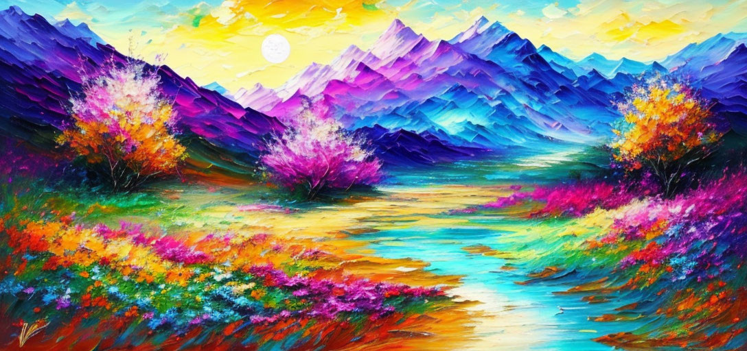 Colorful landscape painting: mountains, river, blooming trees, setting sun