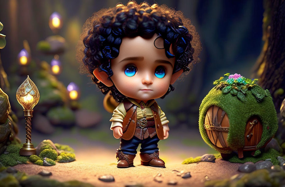 Stylized animated character with blue eyes in fantasy attire in mystical forest