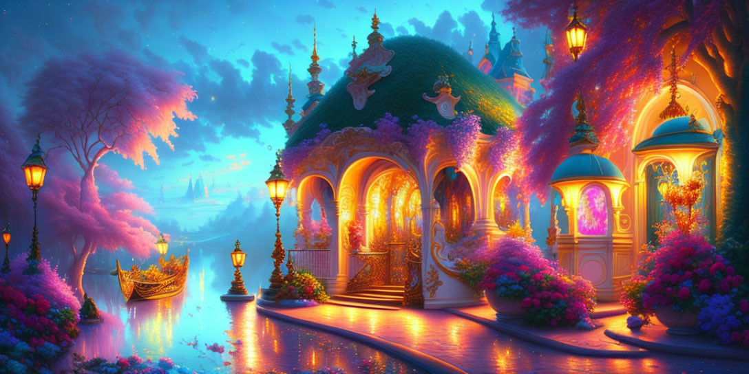 Twilight fantasy landscape with glowing palace by tranquil river