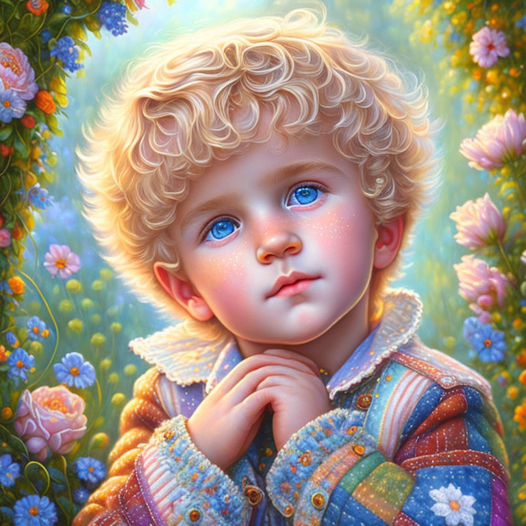 Young child with blond hair and blue eyes in a whimsical flower-filled scene