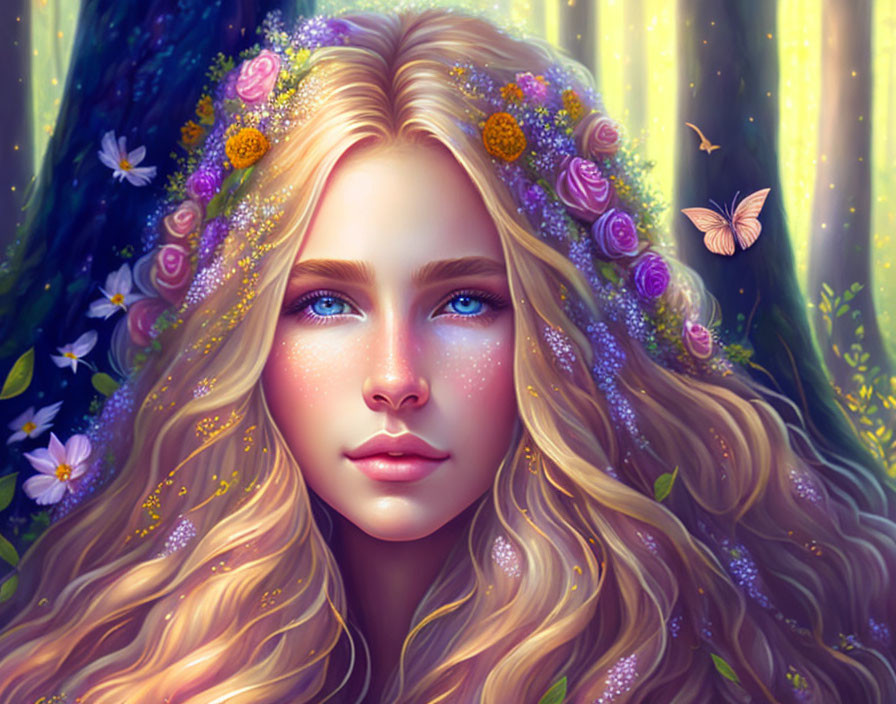 Blond woman with floral hair and butterfly in digital art