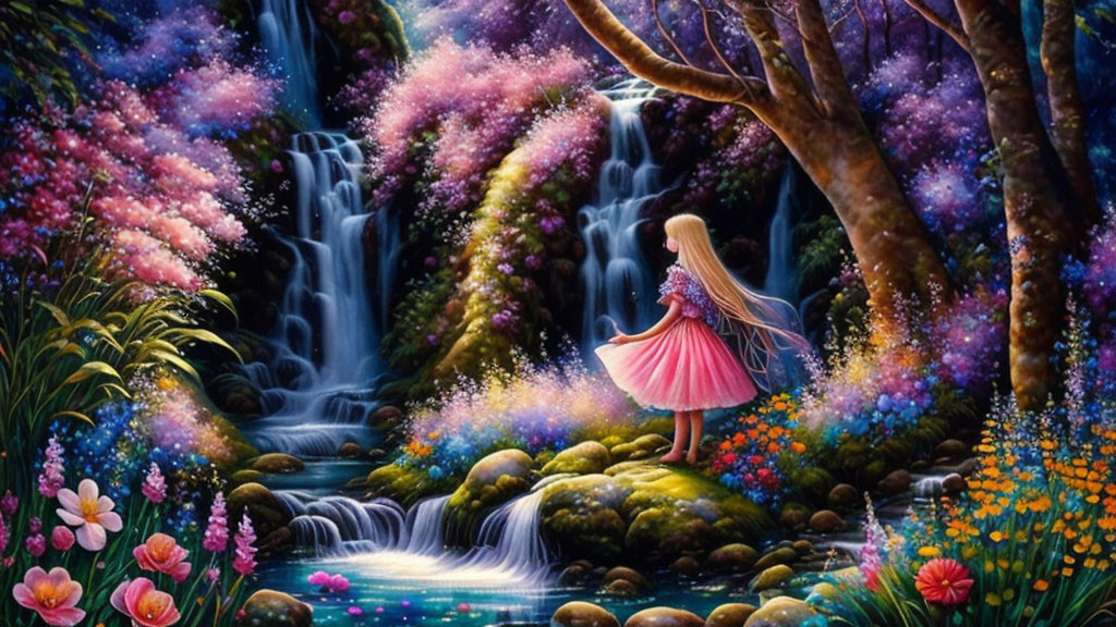 Vibrant stream with waterfalls and girl in pink dress amid mystical scenery