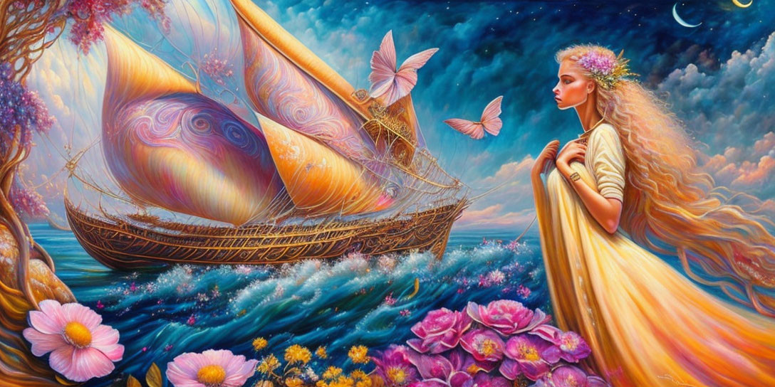 Fantasy artwork: Woman in flowing dress by ocean with butterfly, ornate ship, surreal sky