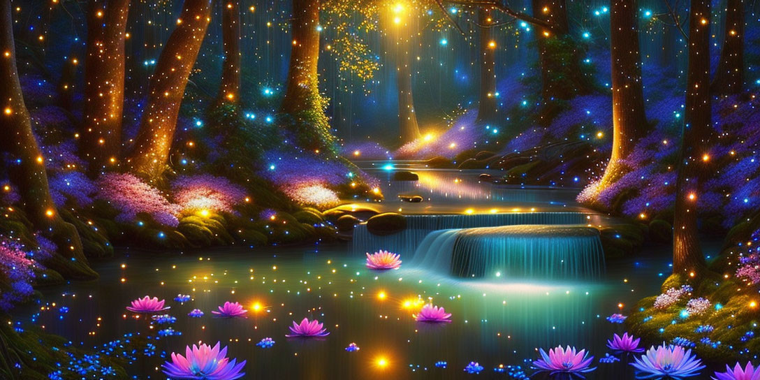 Enchanting forest scene with glowing trees, serene waterfall, radiant flowers, and starlit sky