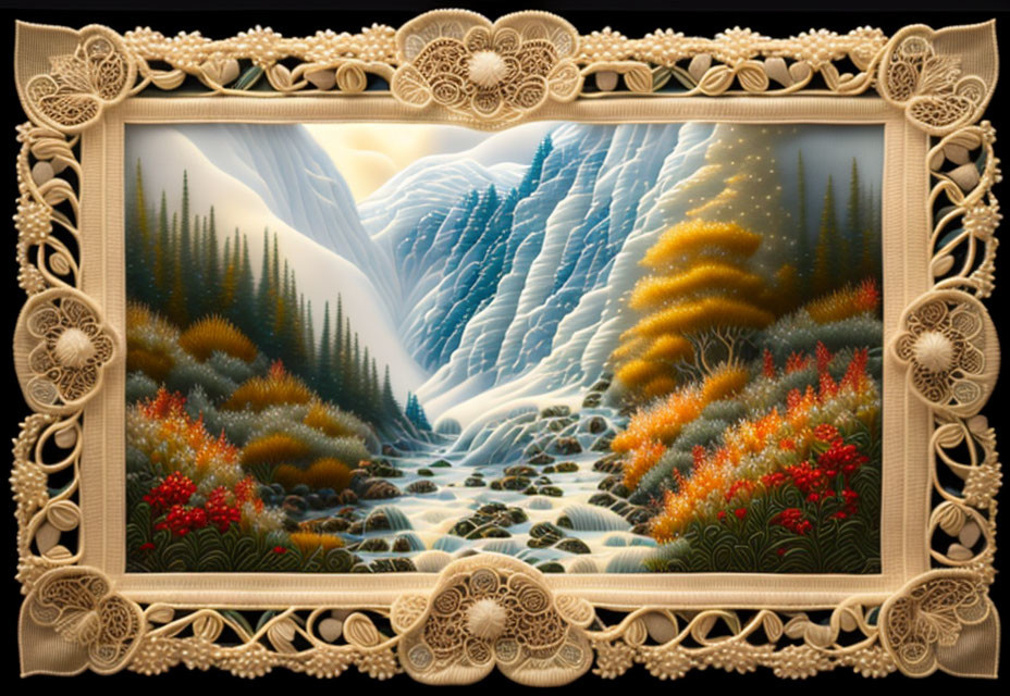 Colorful Landscape Artwork with Blue Mountains and River