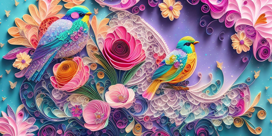 Colorful birds in cosmic floral digital art