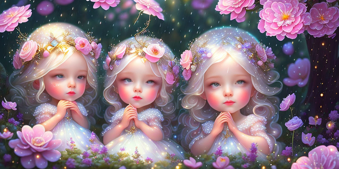 Ethereal animated fairies with golden crowns and pink flowers in hair