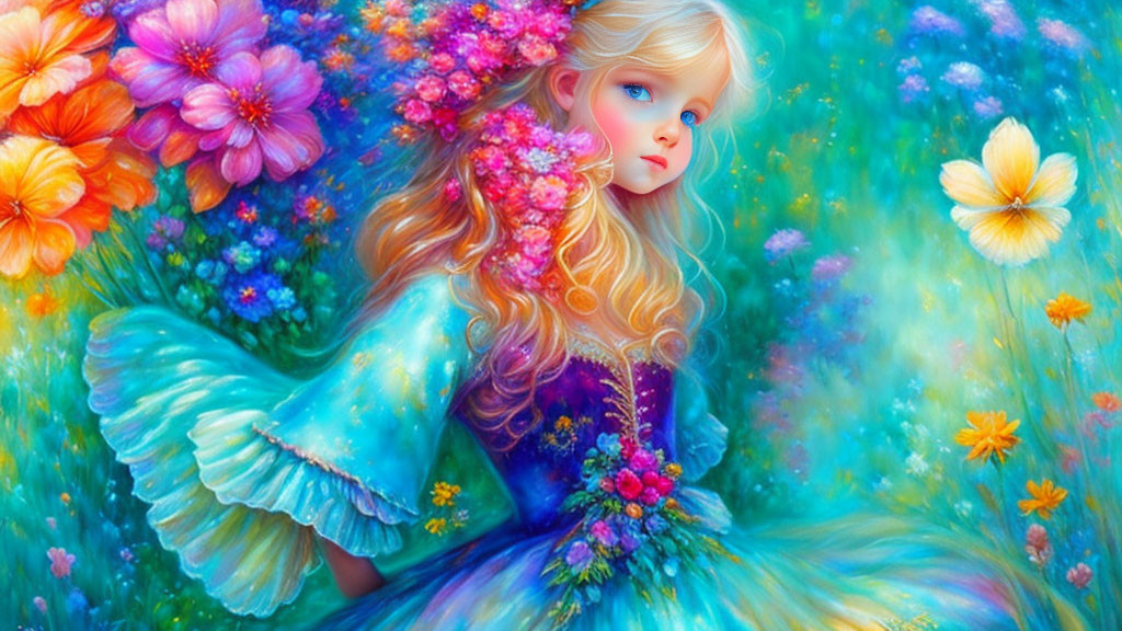 Fantasy illustration of young girl with blue eyes in floral meadow