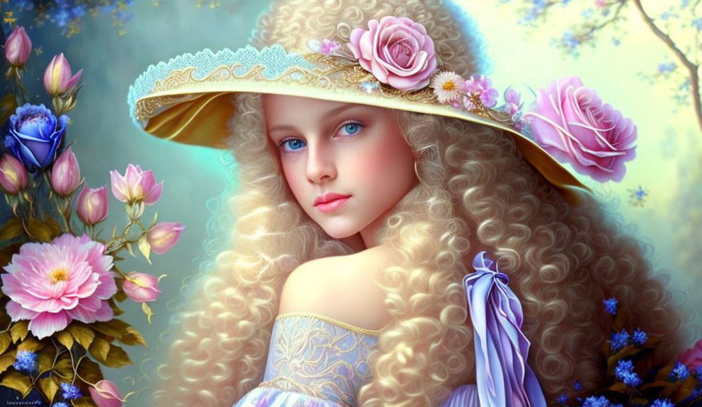 Young woman with curly blonde hair in wide-brimmed hat surrounded by roses in digital art