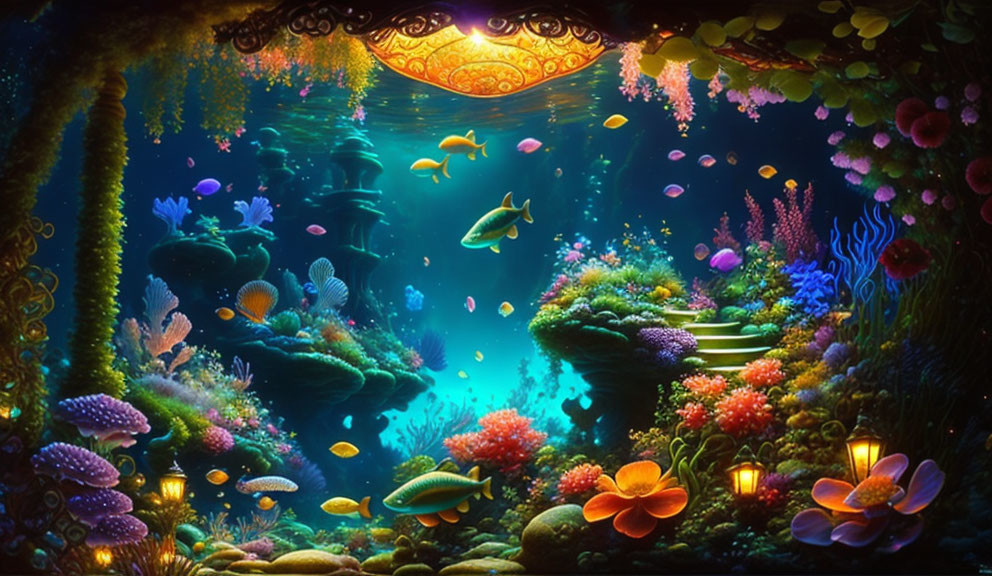 Colorful Underwater Scene with Corals, Fish, and Glowing Plants