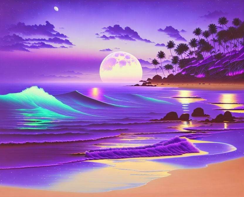 Vibrant digital artwork: Beach at night with neon-lit waves, palm trees, full moon