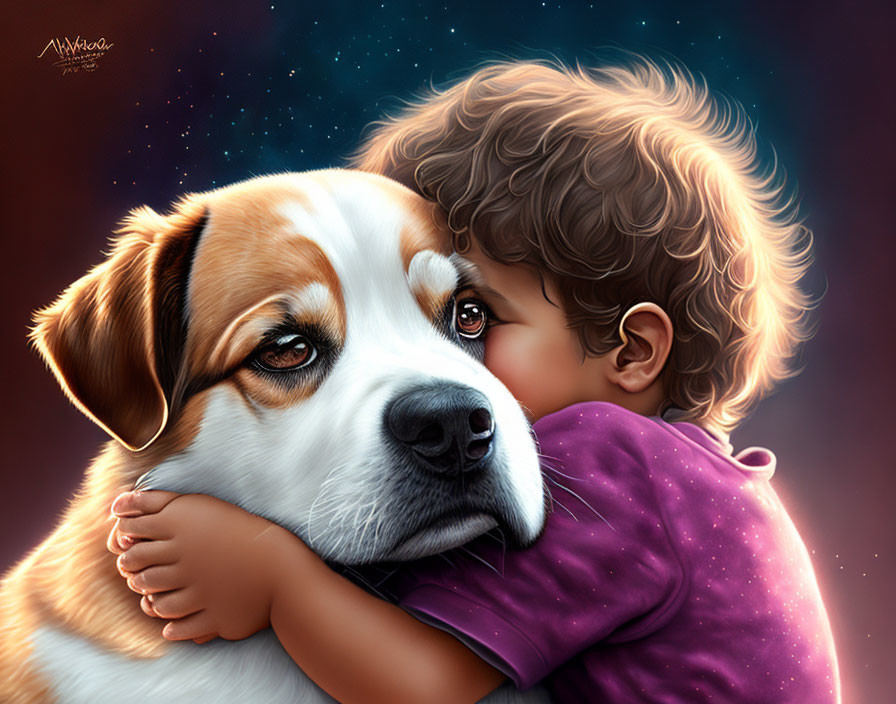 Child in purple shirt embraces large brown and white dog under starry night sky