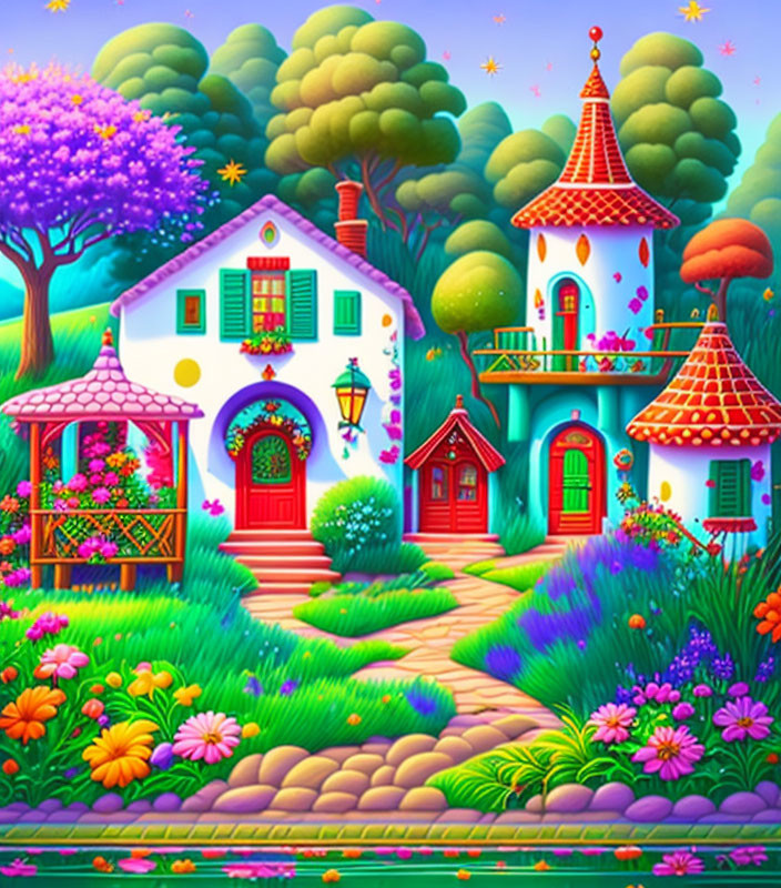 Colorful Houses and Lush Nature in Whimsical Illustration