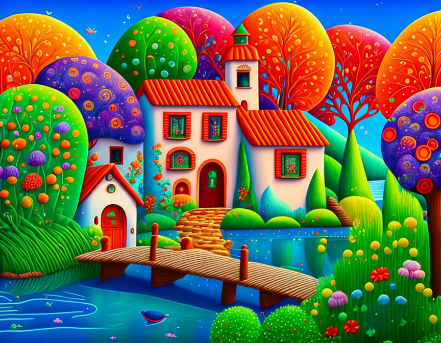 Colorful artwork: Whimsical houses, trees, bridge, and flowers under blue sky