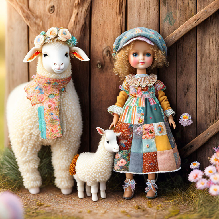 Patchwork dress doll with sheep and lamb figurine on rustic wooden backdrop.