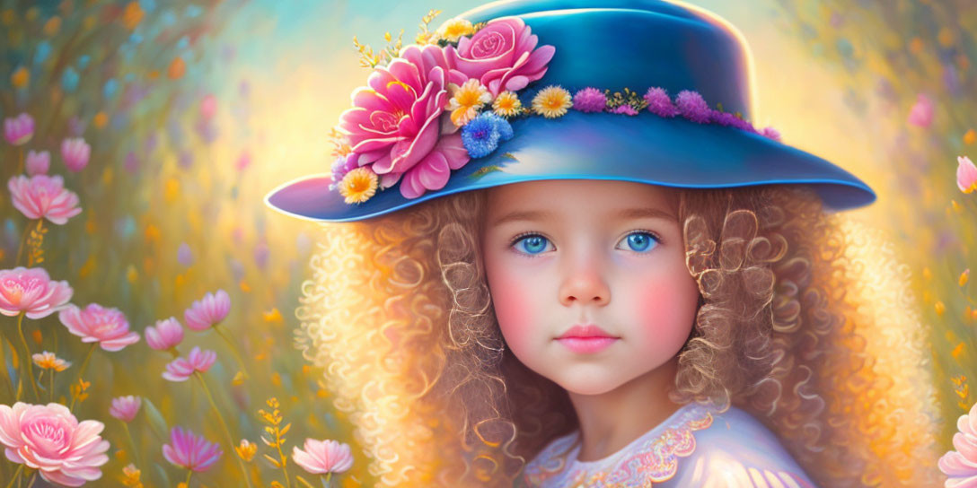 Young Girl with Curly Hair in Wide-Brimmed Hat and Floral Background