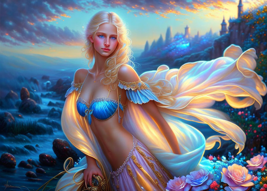 Ethereal woman with golden hair in blue attire in mystical twilight landscape