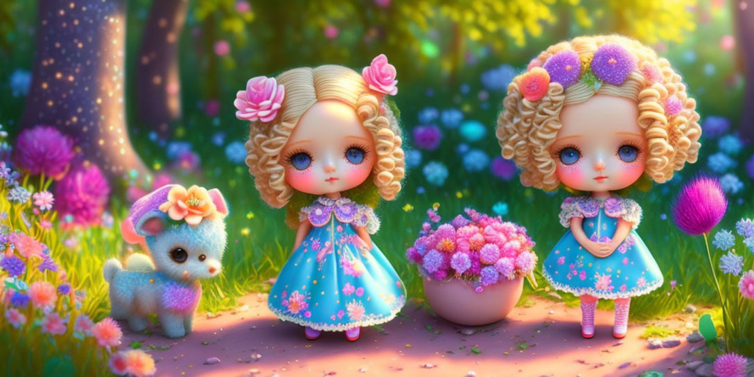 Animated dolls in blue dresses with floral hair accessories in a vibrant garden with a grey puppy and pink flowers