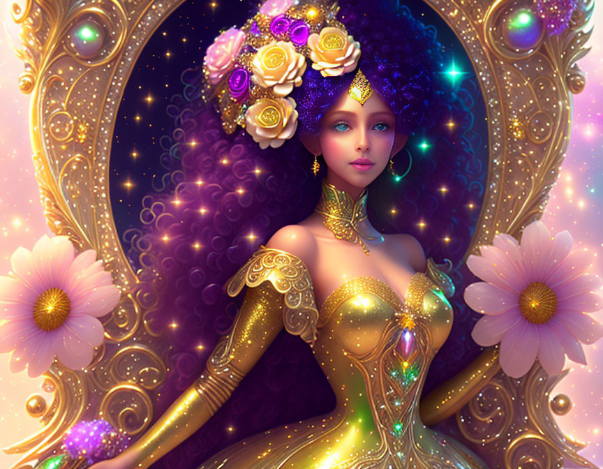 Woman with purple hair and roses in golden outfit against cosmic background in ornate frame