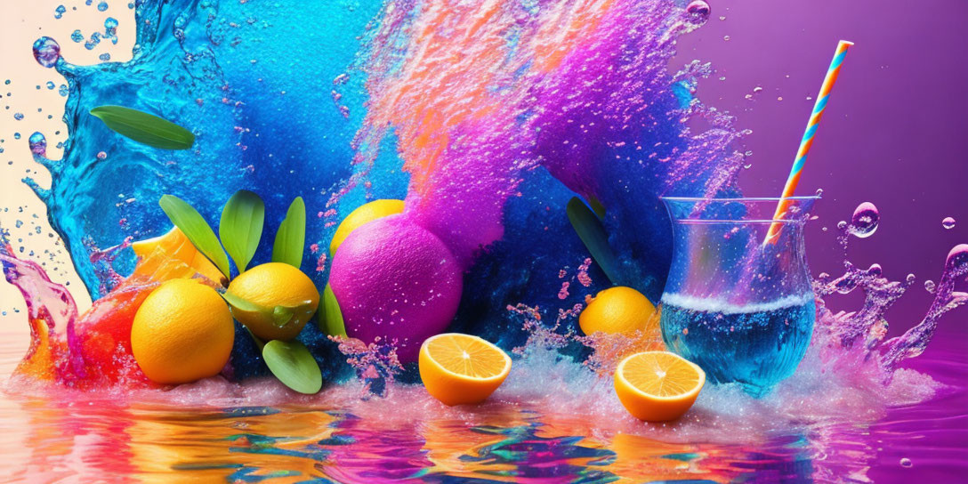 Colorful Citrus Fruit Drink on Reflective Surface Against Purple Background