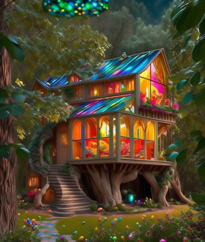 Colorful treehouse in enchanted forest with kaleidoscopic windows