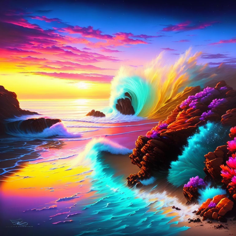 Colorful Beach Scene with Luminous Wave & Fluorescent Coral