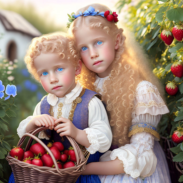 Children with blue eyes and curly hair in vintage clothing among strawberry bushes