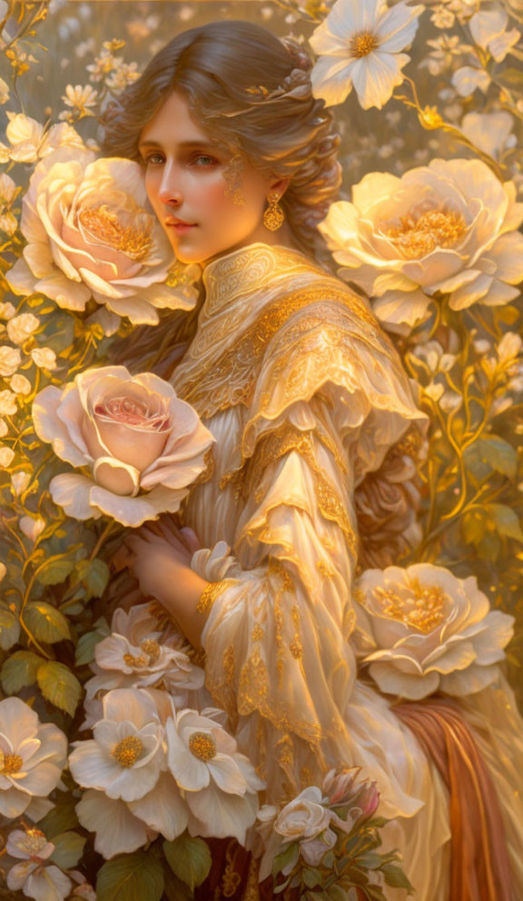 Serene woman in golden dress with blooming roses in warm light