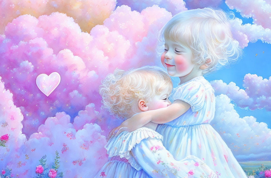 Two children in pastel dresses hug with pink clouds and floating heart.