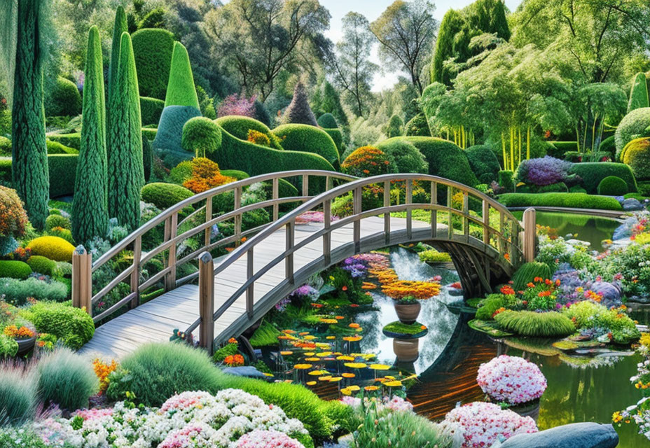 Manicured garden with arched bridge, pond, and colorful flowers