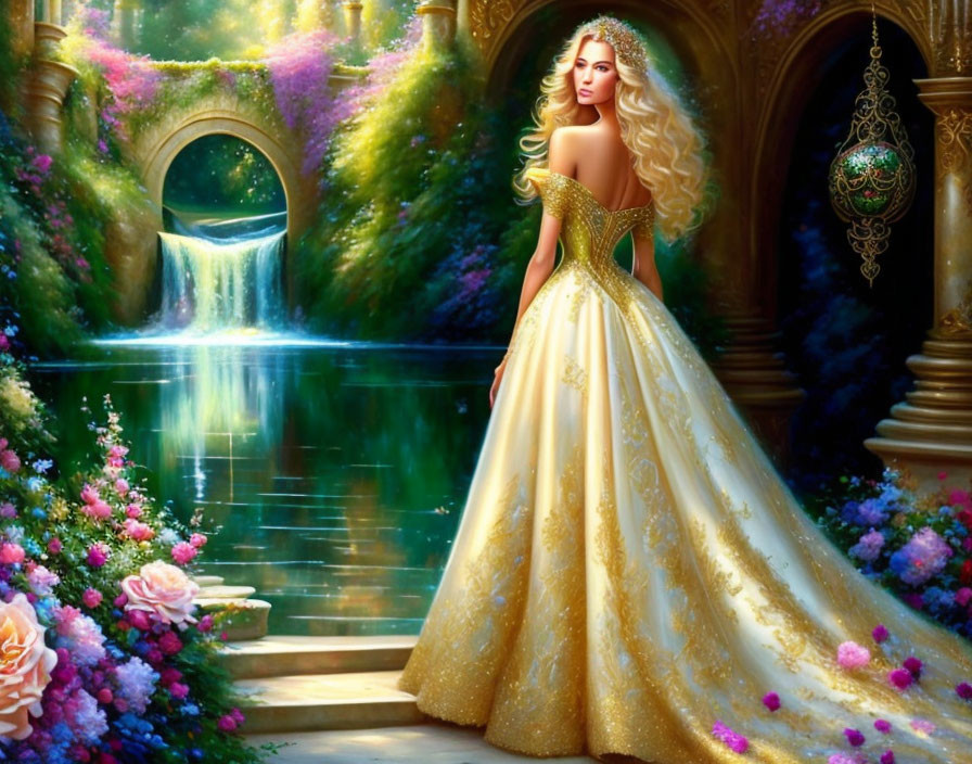 Woman in Golden Ball Gown by Waterfall in Enchanted Garden