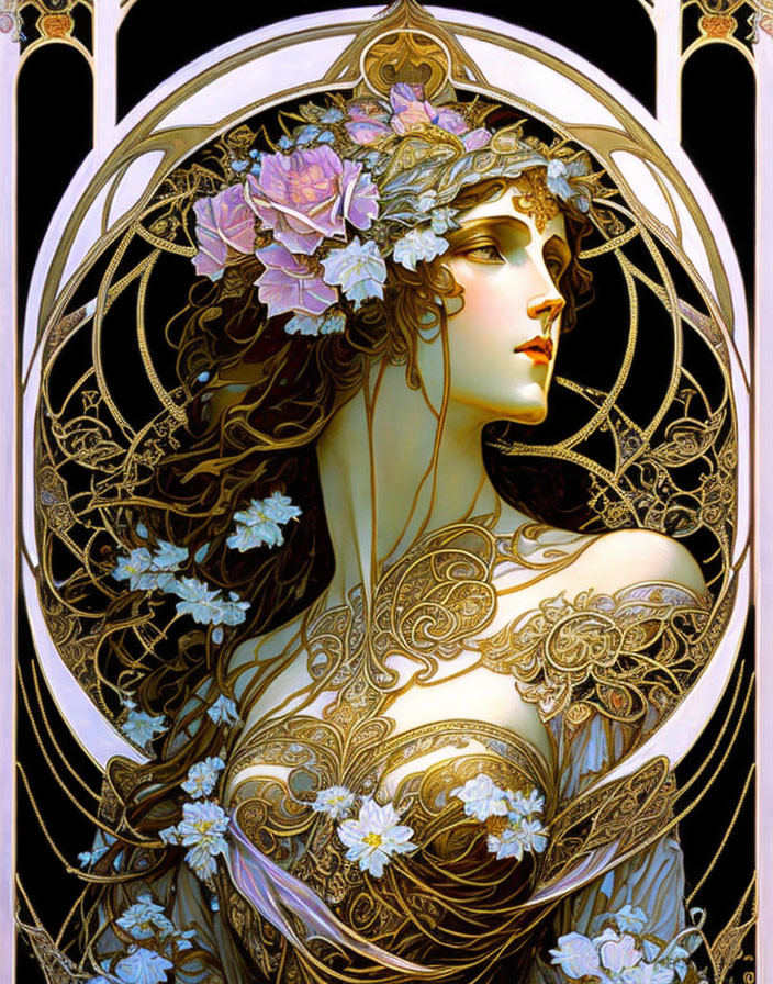 Art Nouveau Style Illustration of Woman with Flowing Hair