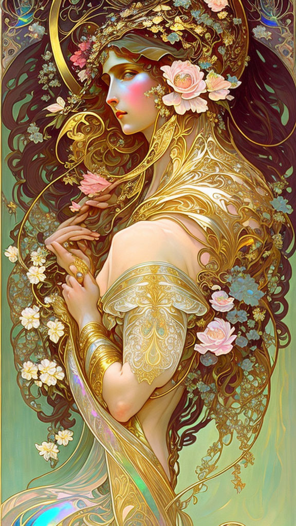 Detailed Illustration of Woman with Golden Filigree and Floral Motifs