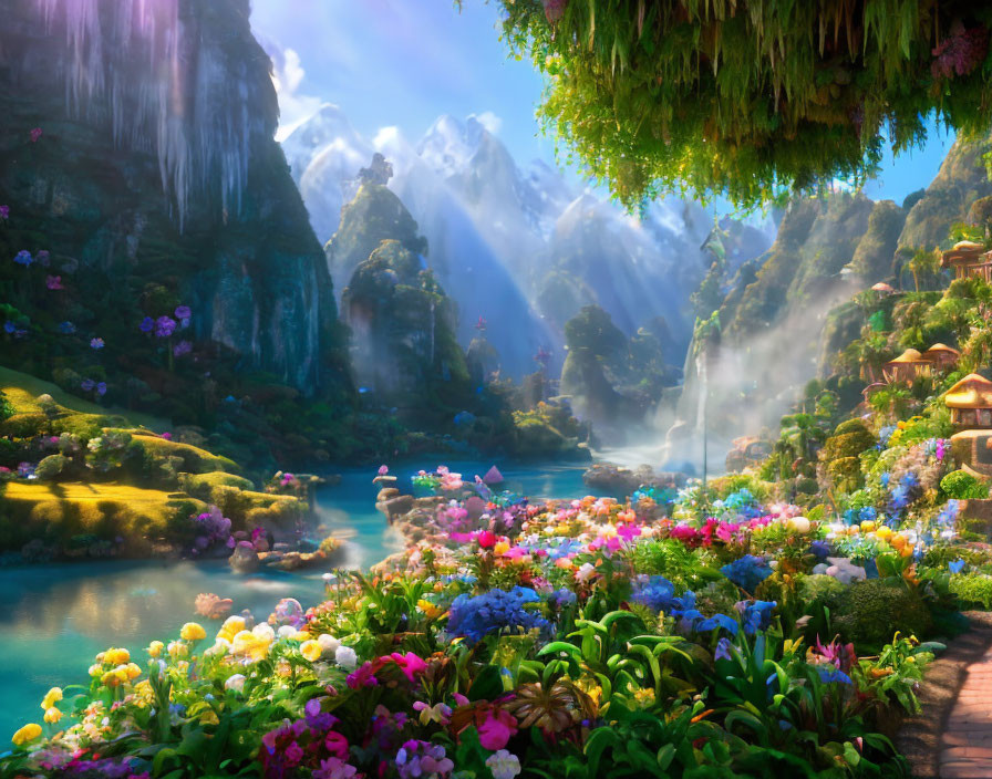 Lush Fantasy Landscape with Waterfalls, River, and Mountains