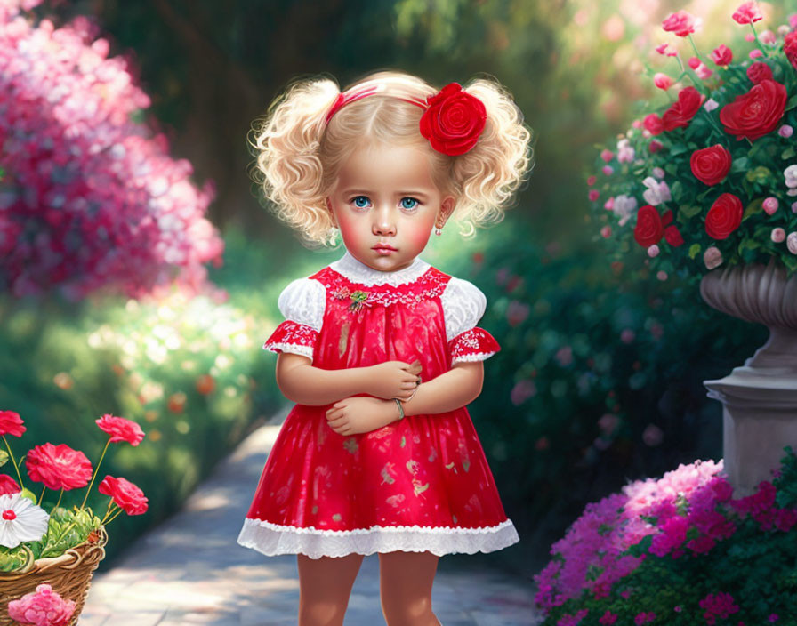 Digital artwork: Young girl with curly blonde hair in red dress, standing in lush garden.