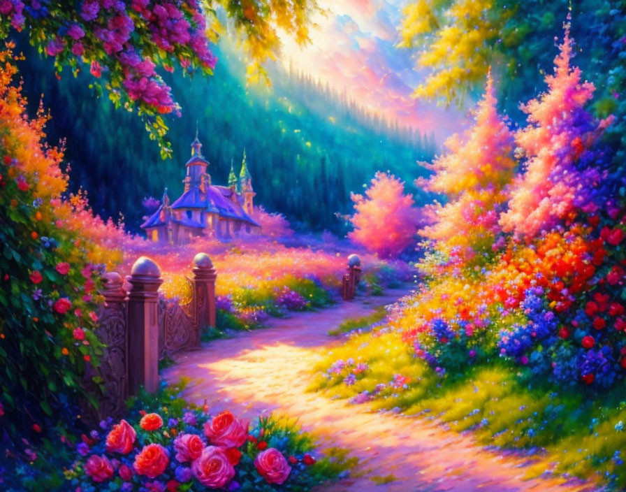 Colorful painting: Path to cottage in garden at sunset