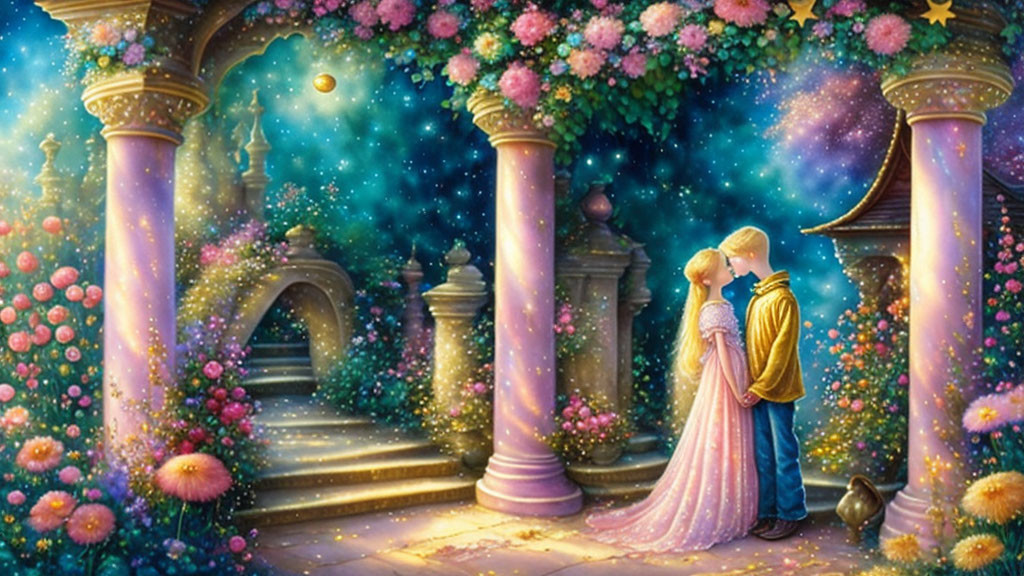 Illustrated couple embraces in magical garden with starry night sky