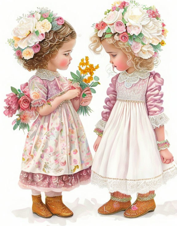 Illustrated young girls in vintage dresses exchanging flowers