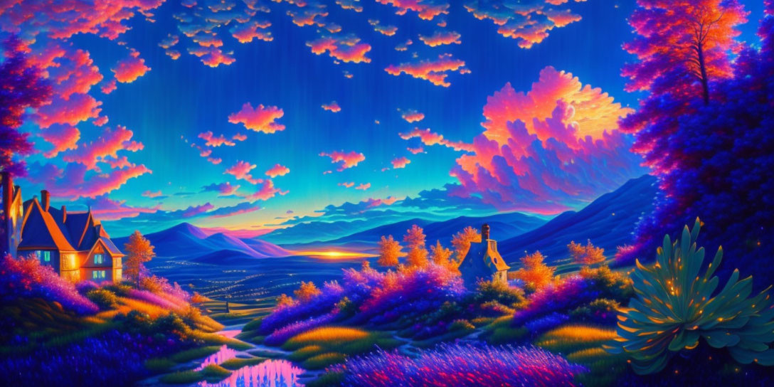 Colorful Sunset Digital Art: Whimsical Sky, Cozy House, Lush Hills