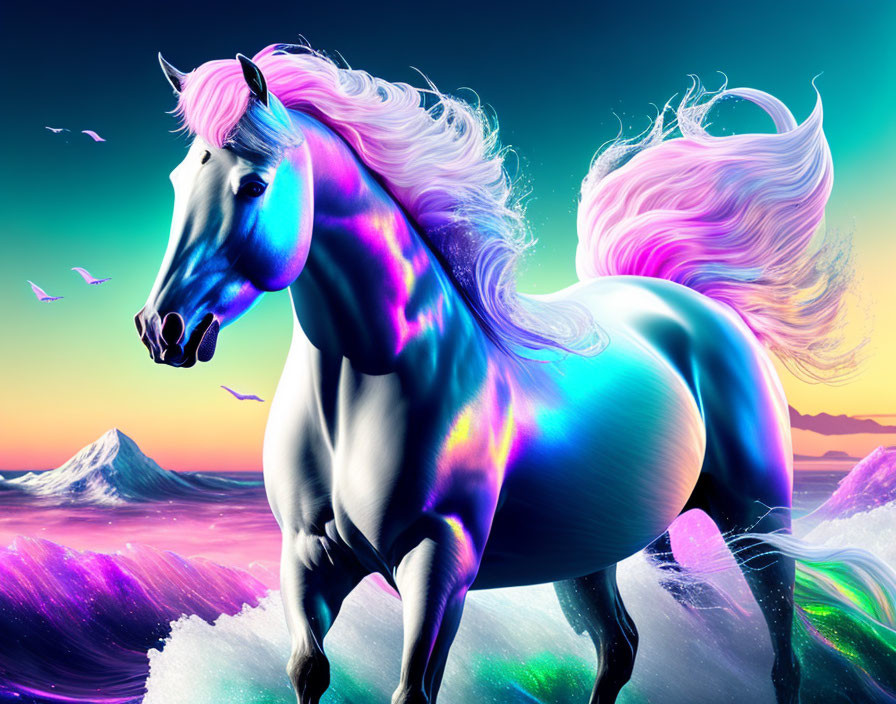 Colorful digital art: mystical horse with iridescent fur, flowing mane, horn, waves,