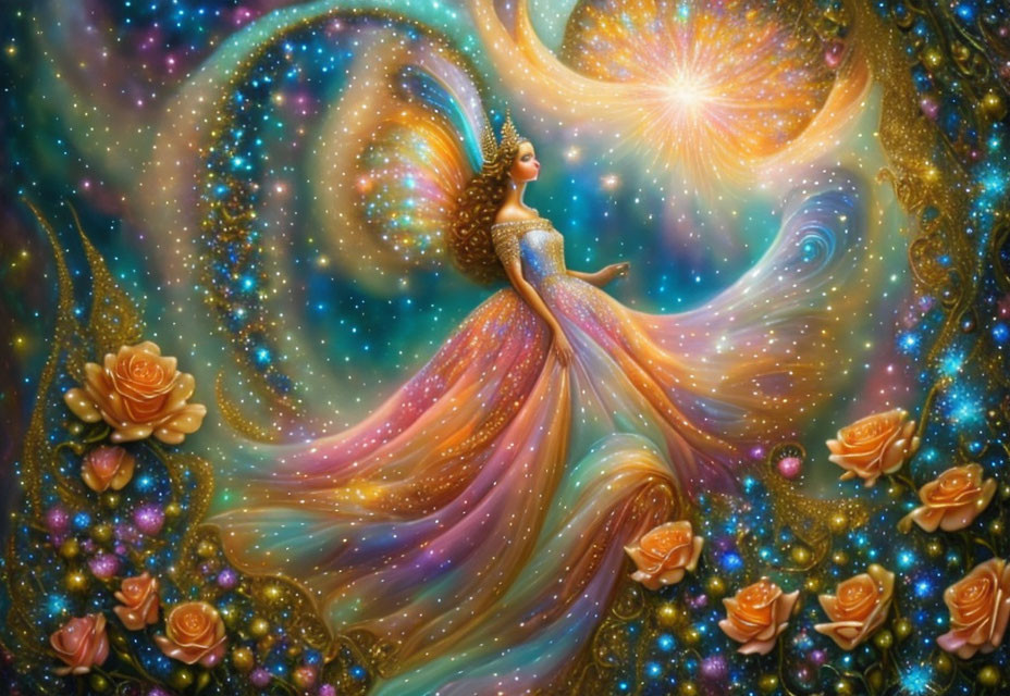 Multicolored Galaxy Gown Woman Surrounded by Cosmic Elements