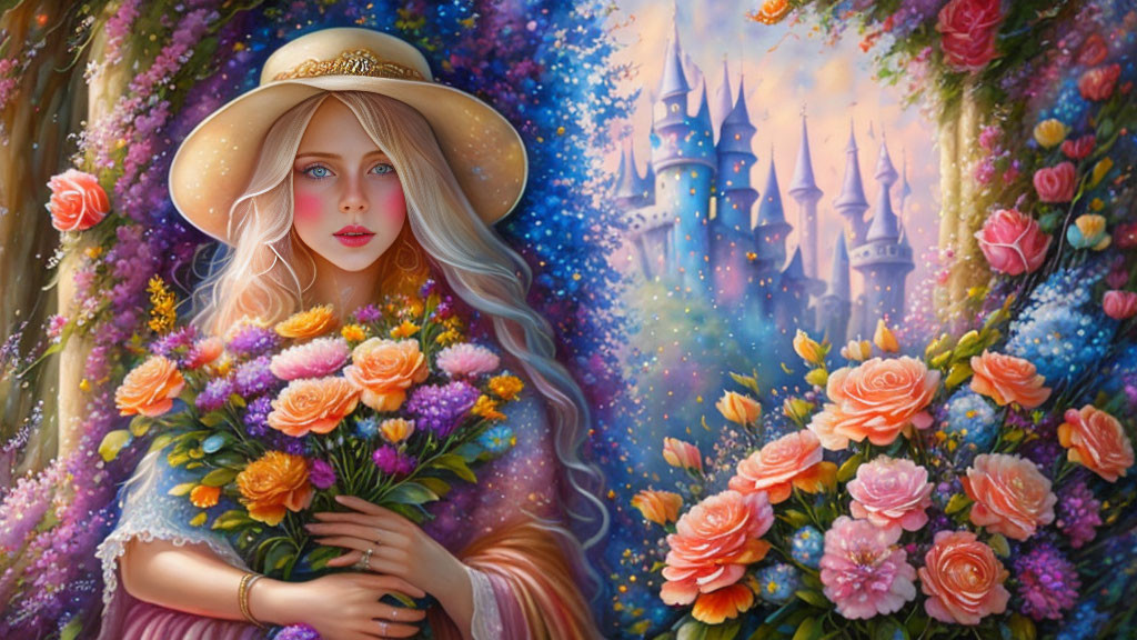 Woman in straw hat with bouquet and whimsical castle in floral background