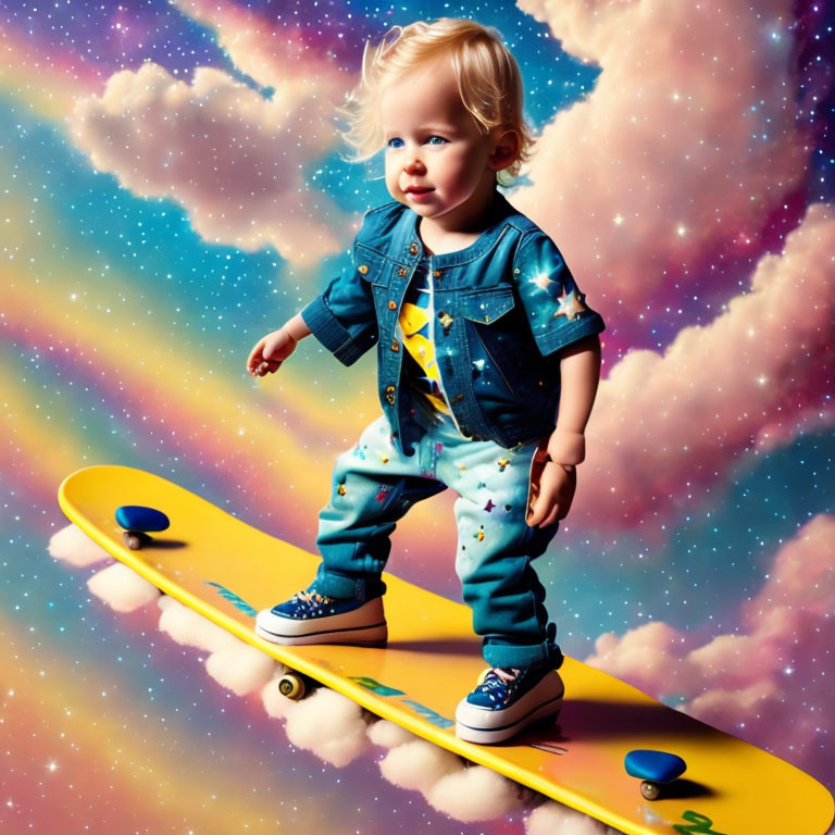 Blond toddler in denim jacket on skateboard under cosmic sky