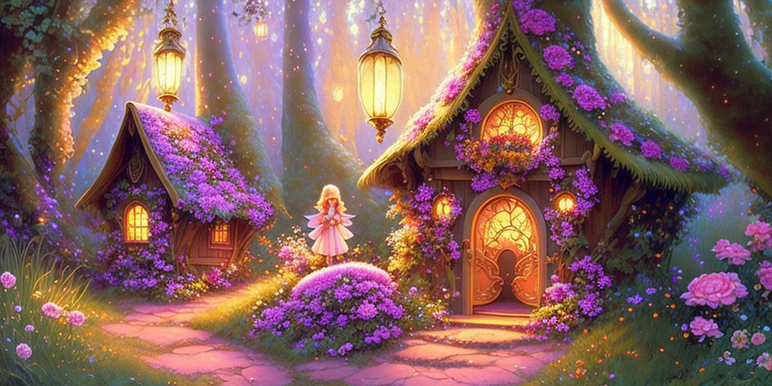 Enchanted forest with fairytale cottage, purple flowers, lanterns, and girl in pink