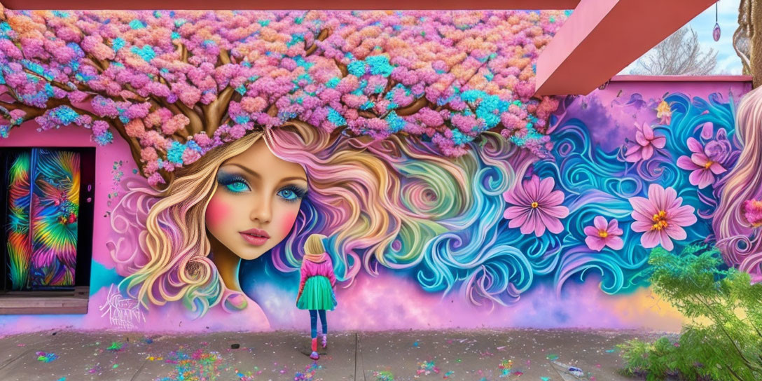 Colorful mural featuring woman, child, and flowers creating 3D effect